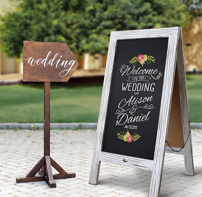 A Frame Chalkboard with Chalk Markers by HBCY Creations: 40x20 Solid Wood A-Frame Sign Whitewash Double-Sided Magentic Menu Board, Deluxe Set Includes 8 Chalk Markers, 10 Stencils, 2 Magnets