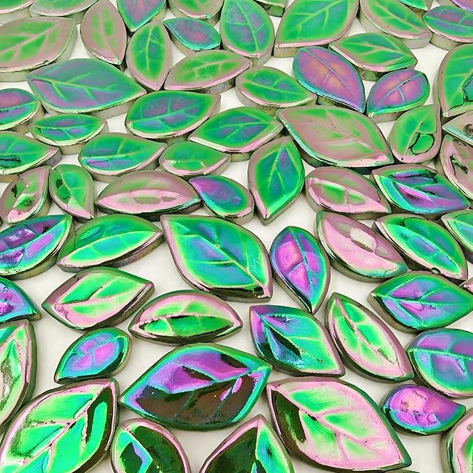 500g/1.1lb Leaf-Shaped Ceramic Mosaic Tiles,Ceramic Mosaic Pieces for Crafts,Mosaic Tiles for Home Decoration or DIY Crafts,Mosaic Making Supplies. (Iridescent Dark Green)