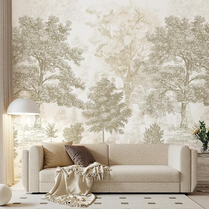 Zeeko Vintage Forest Wall Mural Peel and Stick 148" W x 98" H Beige Tree Wallpaper Self-Adhesive Large Nature Landscapes Murals Canvas Wall Decor for Bedroom Bathroom