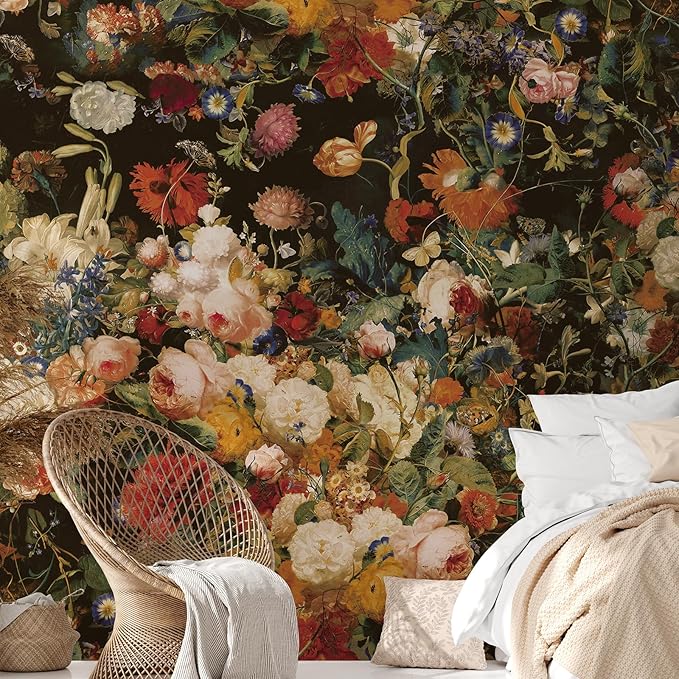 Zeeko Dark Floral Wallpaper Peel and Stick 177" W x 110" H Waterproof Canvas Fabric Vintage Moody Large Wall Mural Self Adhesive Removable Wall Paper for Bedroom Living Room Art Deco