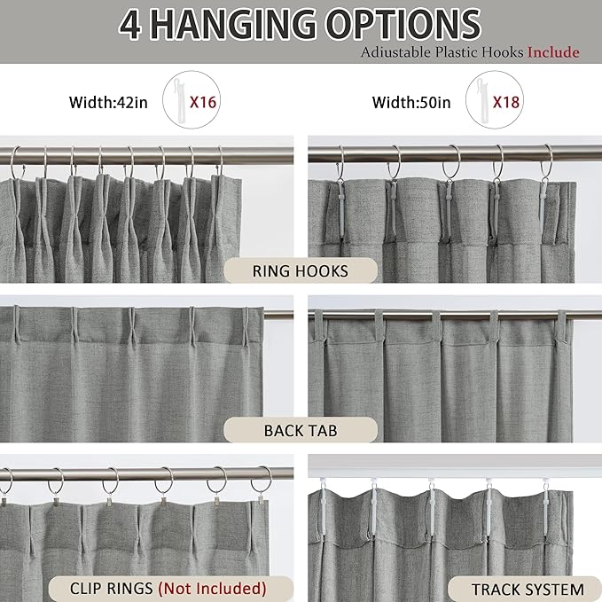 2 Panels Set Extra Long 144 Inch Curtains - Pinch Pleated with hooks Textured Linen Blend Semi Sheer Light Filtering Drapes for Large Windows Living Room Dining Office, Grey, 42" Wide by 144" Long