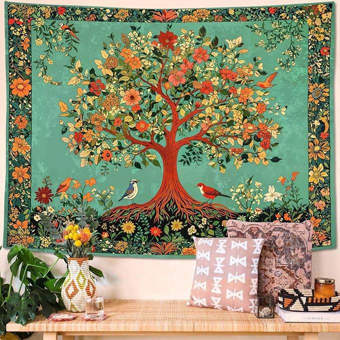 Zussun Boho Tree of Life Tapestry Vintage Nature Green Pink Plant Floral Flowers Leaves Birds Tapestries for Bedroom Aesthetic Retro Indian Tapestry Wall Hanging for Dorm Living Room 80 x 60 Inch