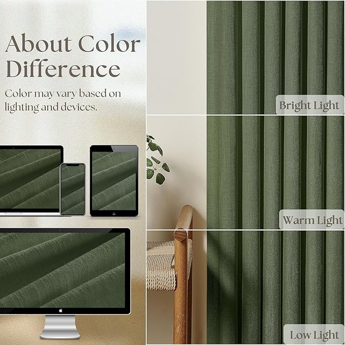 80 Inches Long Olive Green Linen Curtains for Living Room Pinch Pleat Hooks for Living Room Back Tab Thick Linen Textured Pleated Drapes Light Filtering Loden Bedroom Window Curtains 80 Inch Length