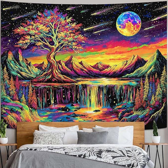 Zussun Blacklight Tree of Life Tapestry UV Reactive Moon Mountain Forest Waterfull Tapestry for Bedroom Aesthetic Nature Large Tapestries Wall Hanging for Dorm Living Room Decor 80 x 60 Inch
