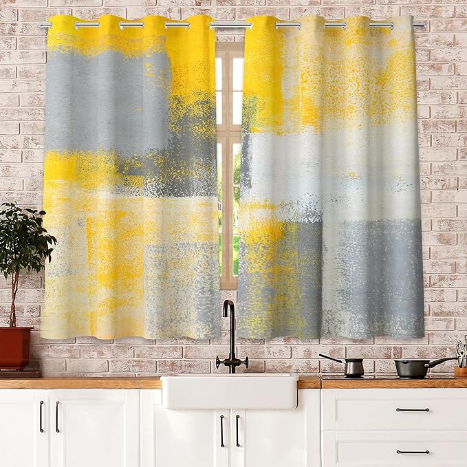 Yellow Window Curtain Yellow Grey Abstract Thermal Insulating Drapes Rust Art Treatment Drapes Modern Curtains for Living Room Bedroom Hotel, 26" x 36", 2 Panels