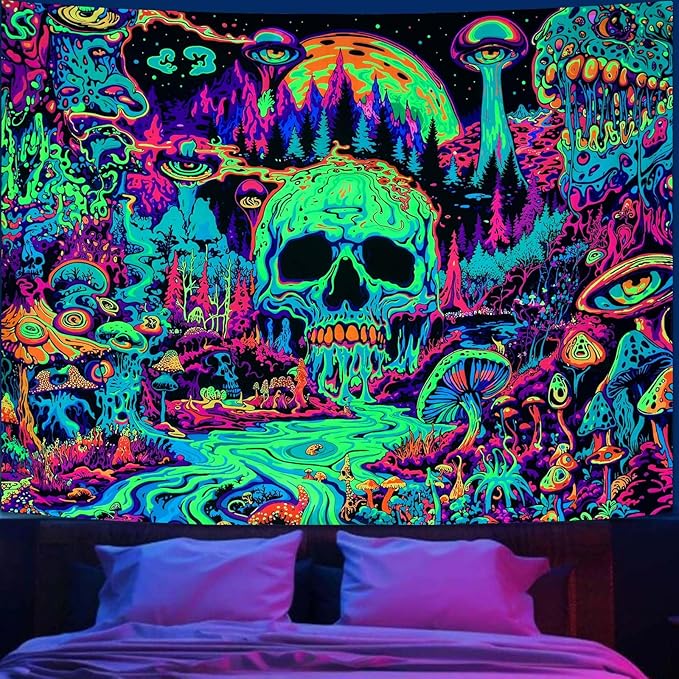 Zussun Blacklight Hippie Skull Mushroom Tapestry for Bedroom Aesthetic Hippy Forest Skeleton Monster Tapestries Wall Hanging Glow in The Dark Wall Tapestry for Living Room Dorm 80 × 60 Inch