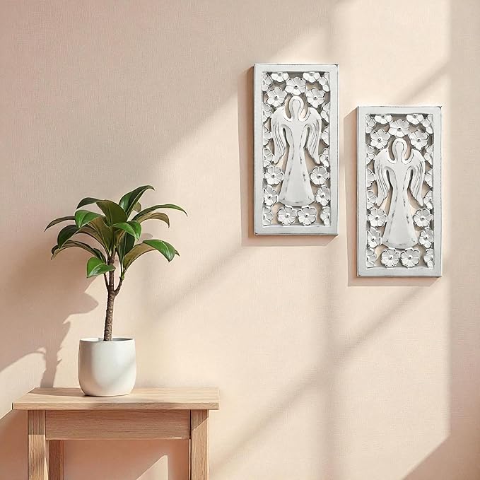 Wood Wall Art - Wall Panels in Handcrafted Carved Wood For Livingroom Bedroom,Dining room,Elegant Decorative Wall Art for Home & Office 8x16" Set of 2 White Antique_Angels Designs
