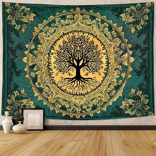 Zussun Tree of Life Tapestry Vintage Boho Mandala Tapestries for Bedroom Aesthetic Retro Bohemian Green Gold Plant Floral Flowers Leaves Tapestry Wall Hanging for Dorm Living Room 80 x 60 Inch