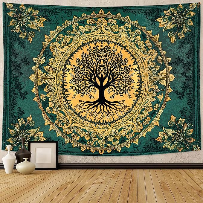 Zussun Tree of Life Tapestry Vintage Boho Mandala Tapestries for Bedroom Aesthetic Retro Bohemian Green Gold Plant Floral Flowers Leaves Tapestry Wall Hanging for Dorm Living Room 60 x 44 Inch