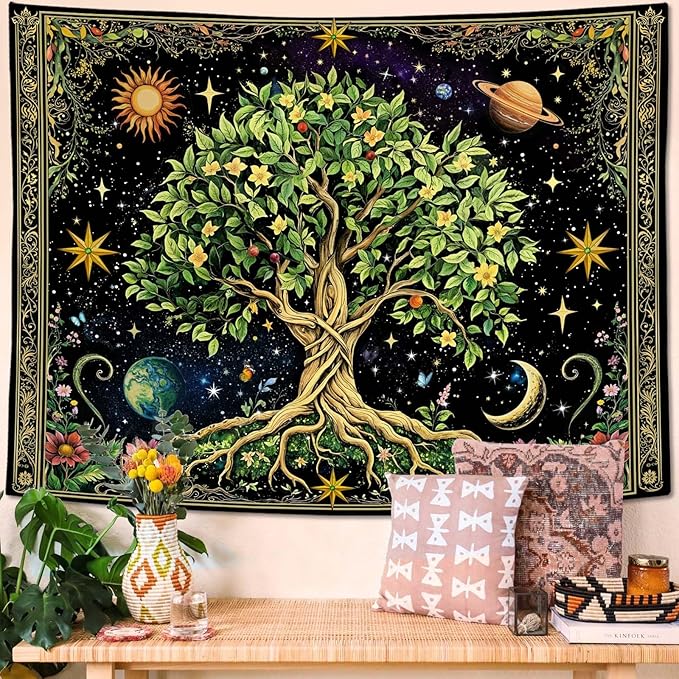 Zussun Tree of Life Tapestry Vintage Nature Green Plant Floral Flowers Celestial Tapestries for Bedroom Aesthetic Retro Sun Moon Stars Galaxy Tapestry Wall Hanging for Dorm Living Room 80 x 60 Inch