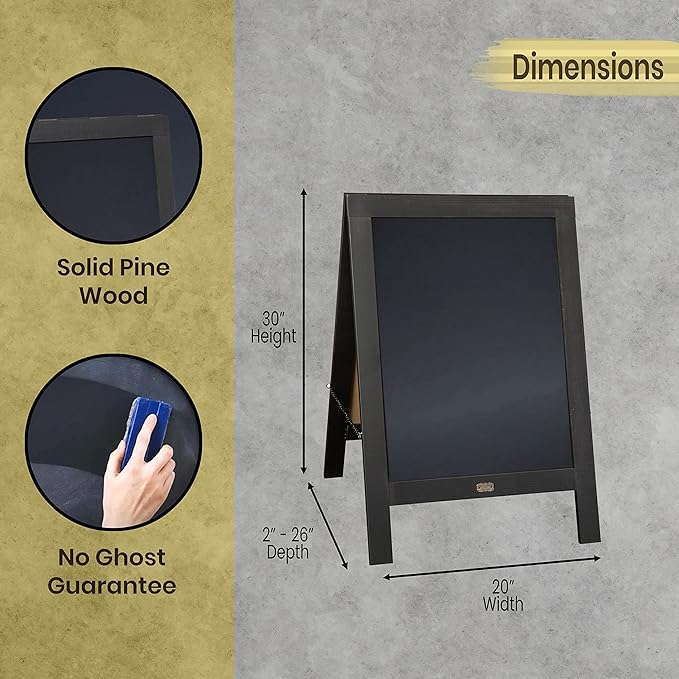 A Frame Chalkboard by HBCY Creations: 20x30 Solid Wood A-Frame Sign Black Double-Sided Magnetic Board, Chalkboard Menu Board, for Restaurants, Cafés, Weddings - Heavy Duty Hinges
