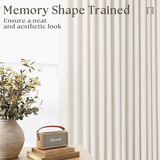 72 Inch Pinch Pleated Linen Curtains 2 Panels for Living Room Bedroom Memory Training Shaped Cream Birch Semi Sheer Short Pleat Drapes with Hooks Rings Back Tab Window Curtain Cabin Closet 40x72