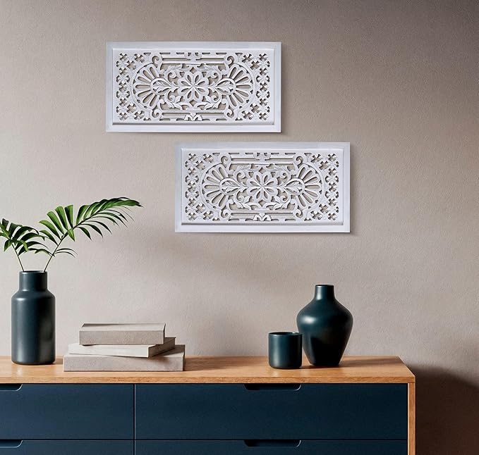 Wood Wall Art - Wall Panels in Handcrafted Carved Wood For Livingroom Bedroom,Dining room,Elegant Decorative Wall Art for Home & Office 12x24" Set of 2 White Antique_Cutwork Designs