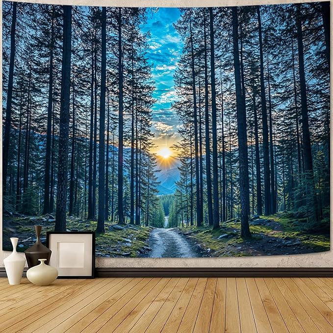Zussun Nature Forest Tapestry Dark Woodland Path Tapestry for Bedroom Aesthetic Sunset Landscape Small Tapestries Wall Hanging for Dorm Living Room Decor 48 x 36 Inch