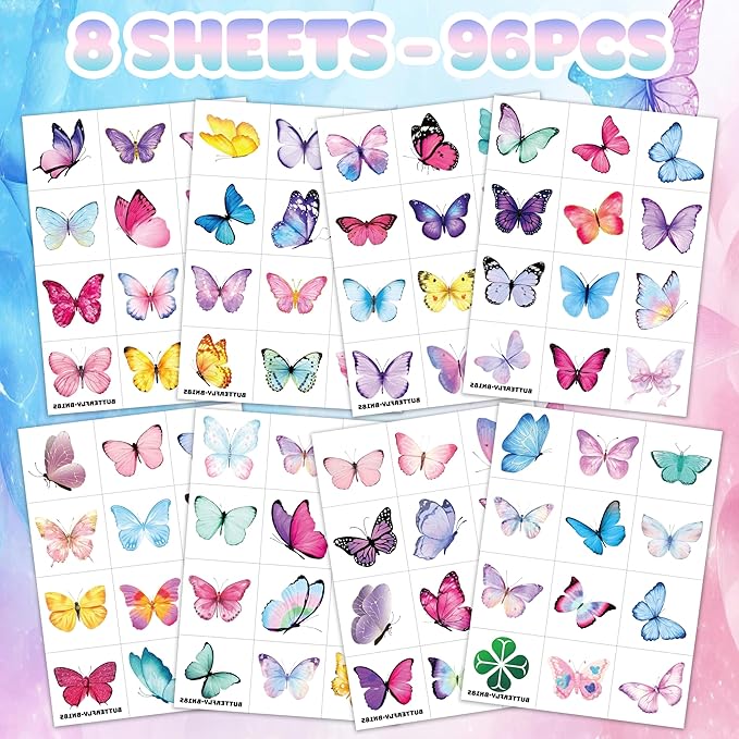 8 Sheets (96PCS) Butterfly Temporary Tattoos Butterflies Theme Birthday Party Decorations Supplies Favors Stickers for Women Kids Gifts Classroom School Prizes Rewards
