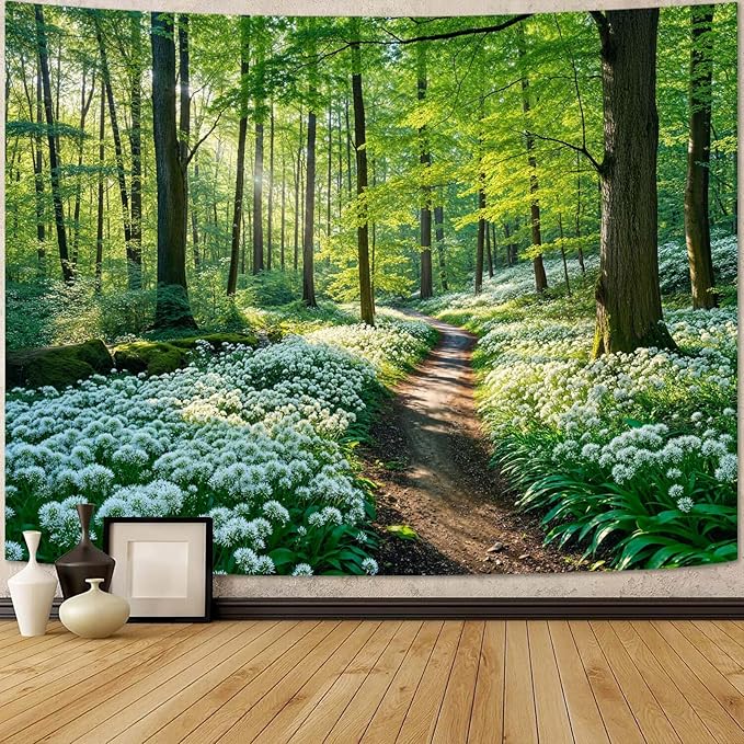 Zussun Nature Forest Tapestry Green Tree Woodland White Flower Path Tapestry for Bedroom Aesthetic Sunshine Landscape Small Tapestries Wall Hanging for Dorm Living Room Decor 48 x 36 Inch