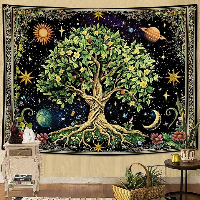 Zussun Tree of Life Tapestry Vintage Nature Green Plant Floral Flowers Celestial Tapestries for Bedroom Aesthetic Retro Sun Moon Stars Galaxy Tapestry Wall Hanging for Dorm Living Room 60 x 44 Inch