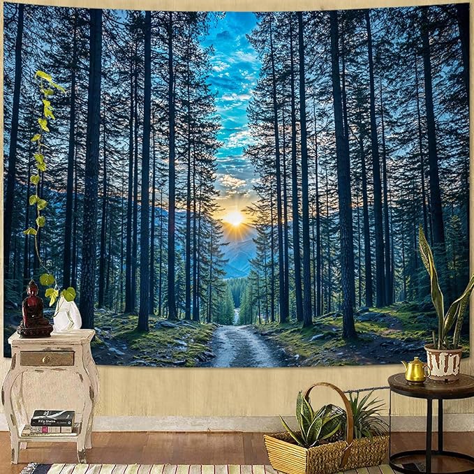 Zussun Nature Forest Tapestry Dark Woodland Path Tapestry for Bedroom Aesthetic Sunset Landscape Small Tapestries Wall Hanging for Dorm Living Room Decor 48 x 36 Inch