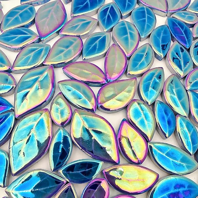 500g/1.1lb Leaf-Shaped Ceramic Mosaic Tiles,Ceramic Mosaic Pieces for Crafts,Mosaic Tiles for Home Decoration or DIY Crafts,Mosaic Making Supplies. (Iridescent Royal Blue)