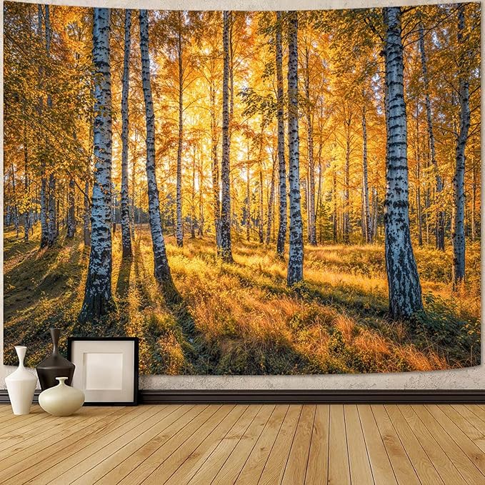 Zussun Nature Forest Fall Tapestry Autumn Birch Woodland Wall Tapestry for Bedroom Aesthetic Yellow Sunshine Landscape Small Tapestries Wall Hanging for Dorm Living Room Decor 48 x 36 Inch