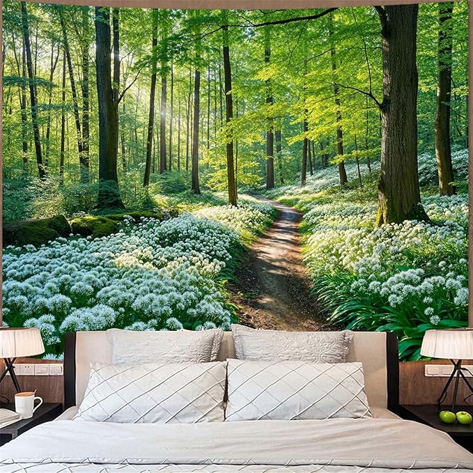 Zussun Nature Forest Tapestry Green Tree Woodland White Flower Path Tapestry for Bedroom Aesthetic Sunshine Landscape Large Tapestries Wall Hanging for Dorm Living Room Decor 80 x 60 Inch