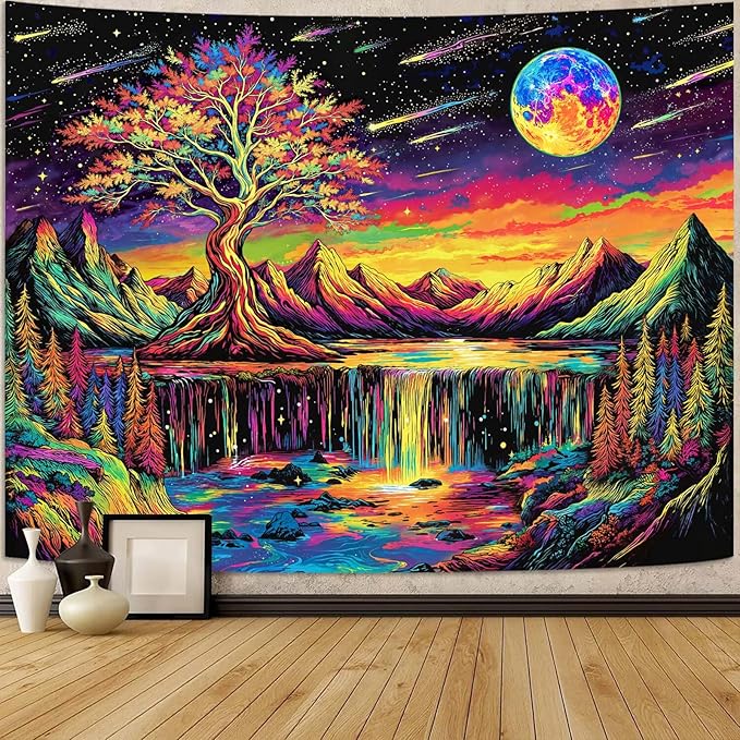 Zussun Blacklight Tree of Life Tapestry UV Reactive Moon Mountain Forest Waterfull Tapestry for Bedroom Aesthetic Nature Small Tapestries Wall Hanging for Dorm Living Room Decor 60 x 44 Inch