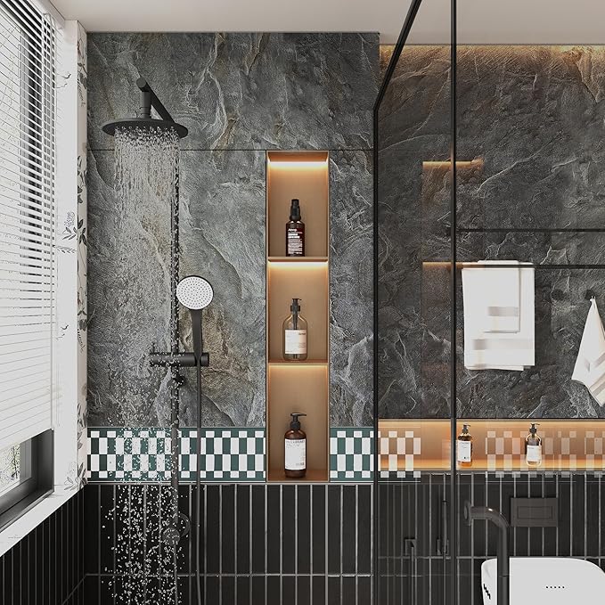 48"x394" Glossy Granite Wallpaper Peel and Stick Countertops Contact Paper Waterproof Removable Grey Gold Wall Paper for Cabinets and Drawers Self Adhesive Marble Vinyl Wallpaper for Kitchen Bathroom