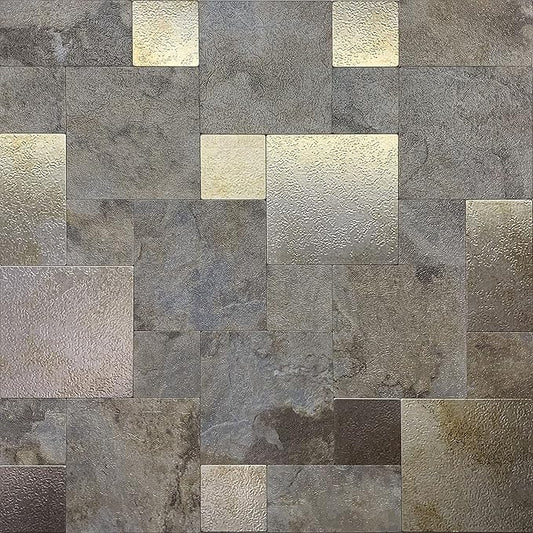 YMMXGE 10-Sheet Peel and Stick Backsplash Stone Tiles, Brushed Aluminum PVC Surface Metal Mosaic Sticker for Kitchen Wall (11.81"x11.81"Per Sheet) (10, Silver Gray)