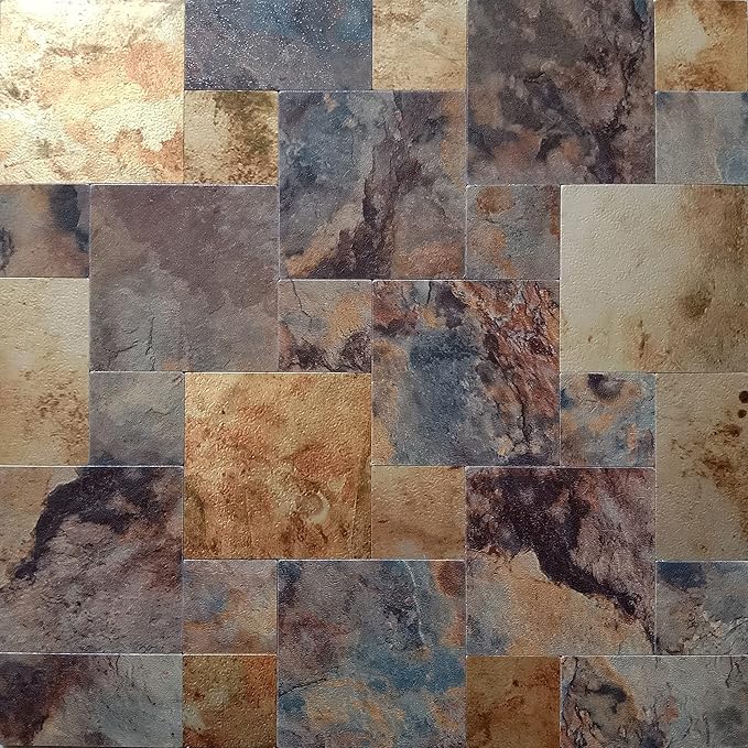 YMMXGE 5-Sheet Peel and Stick Backsplash Stone Tiles, Brushed Aluminum PVC Surface Metal Mosaic Sticker for Kitchen Wall (11.81"x11.81"Per Sheet) (5, Golden & Brown)